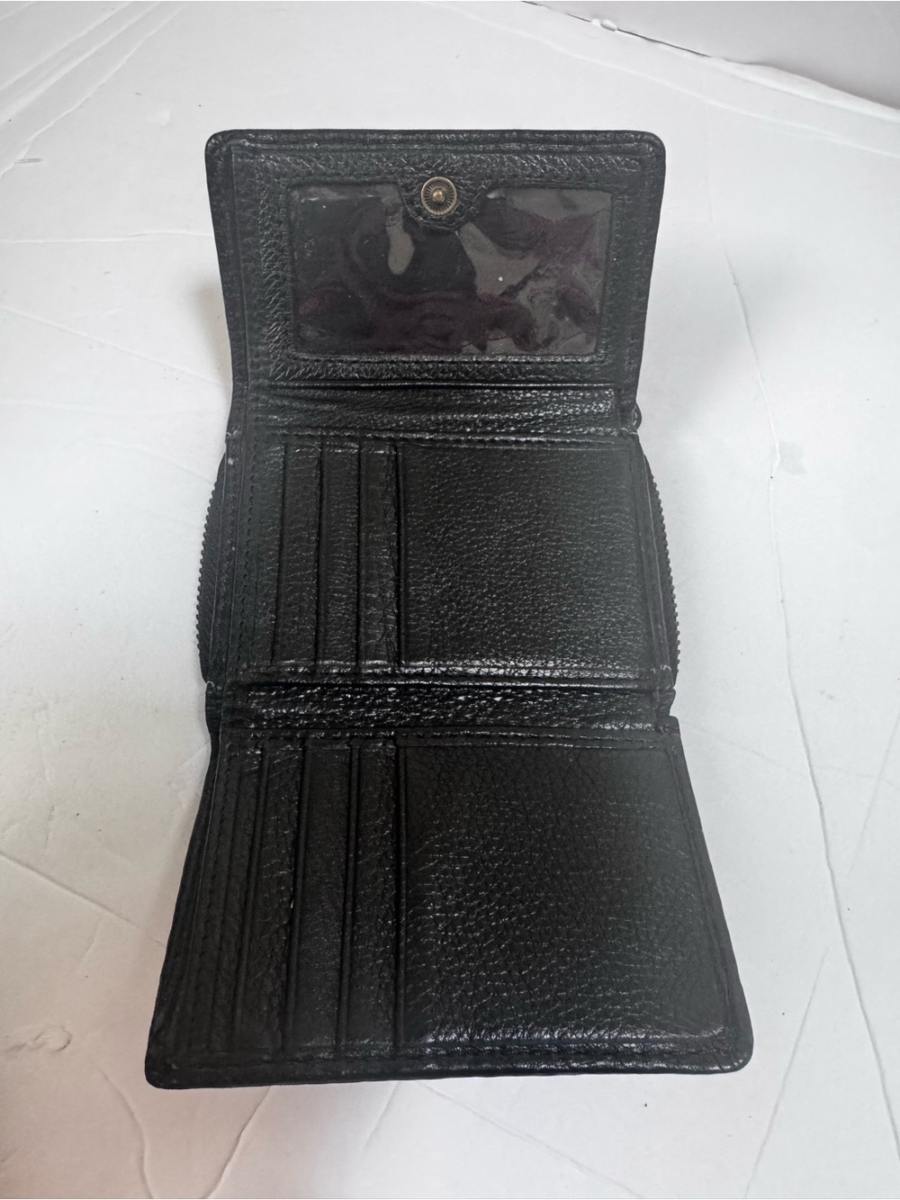 Roots Black Leather Trifold Wallet White Stitch Zip Coin Pocket Organizer Case - Picture 7 of 15